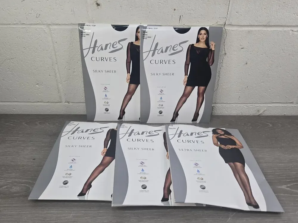 5 New Hanes Curves Silky Sheer Control Top 3x /4x Nude And Black Pantyhose